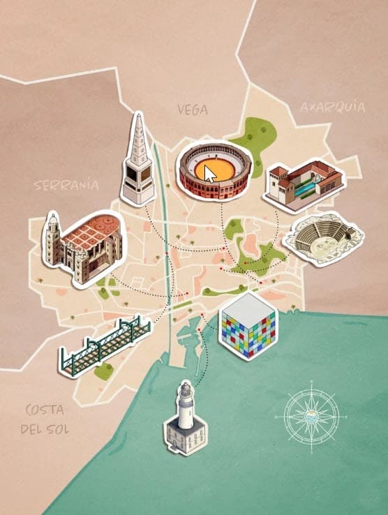 Mapa ilustrado de Málaga con sus monumentos y barrios